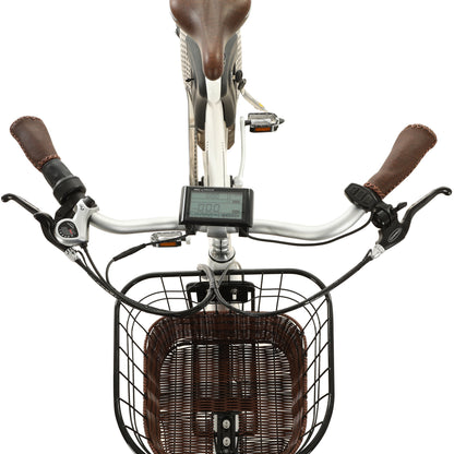 Ecotric 26" White Lark Electric City Bike For Women with basket and rear rack