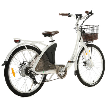 Ecotric 26" White Lark Electric City Bike For Women with basket and rear rack