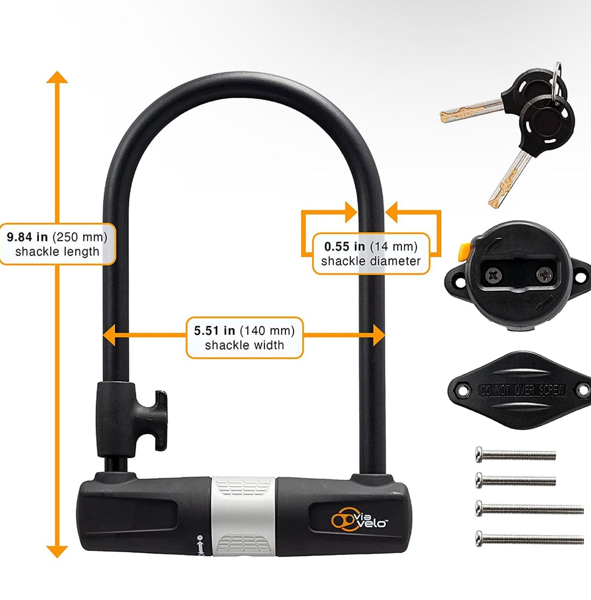 Bike U Lock with Cable - Via Velo Bike Lock Heavy Duty Bicycle U-Lock, - TopRideElectric TopRideElectric