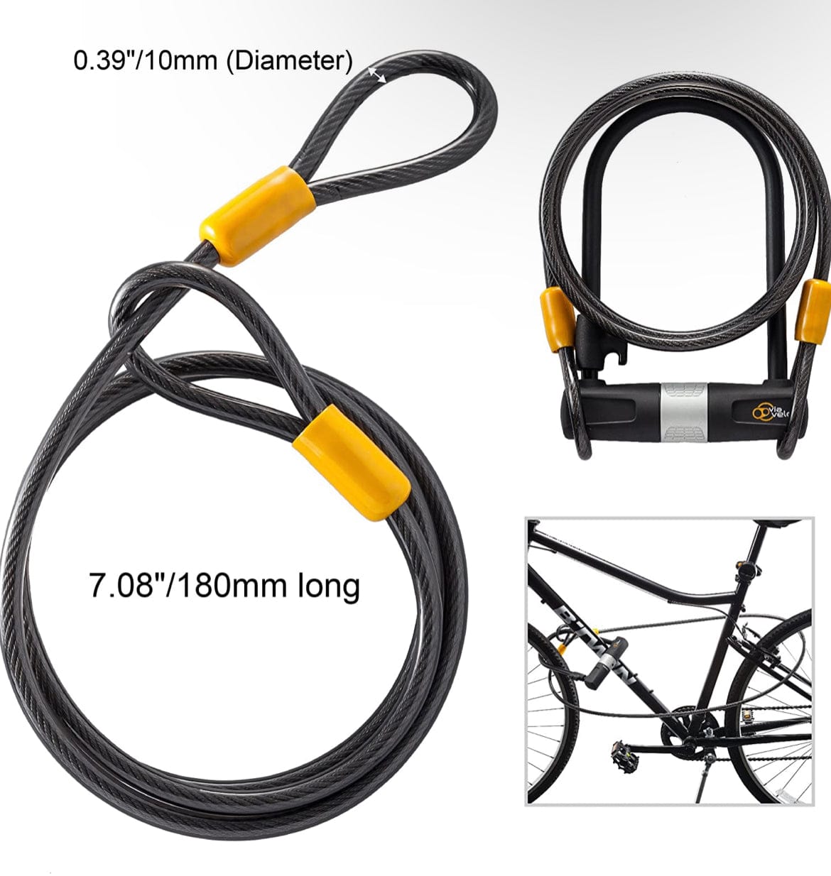 Bike U Lock with Cable - Via Velo Bike Lock Heavy Duty Bicycle U-Lock, - TopRideElectric TopRideElectric